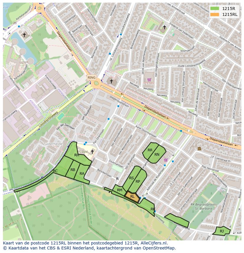 Afbeelding van het postcodegebied 1215 RL op de kaart.