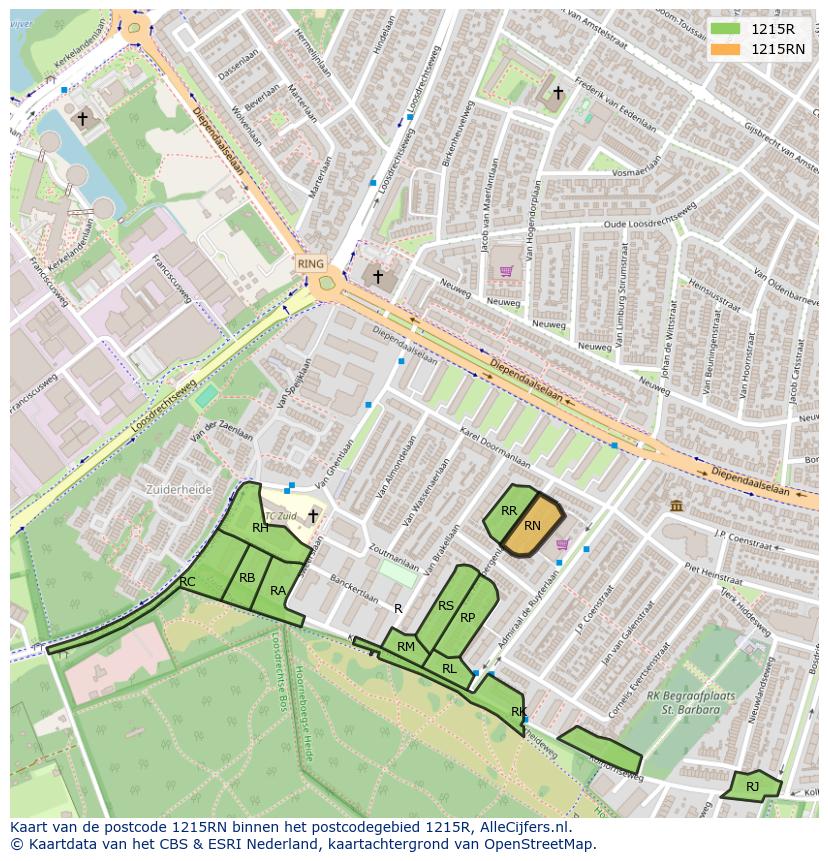 Afbeelding van het postcodegebied 1215 RN op de kaart.