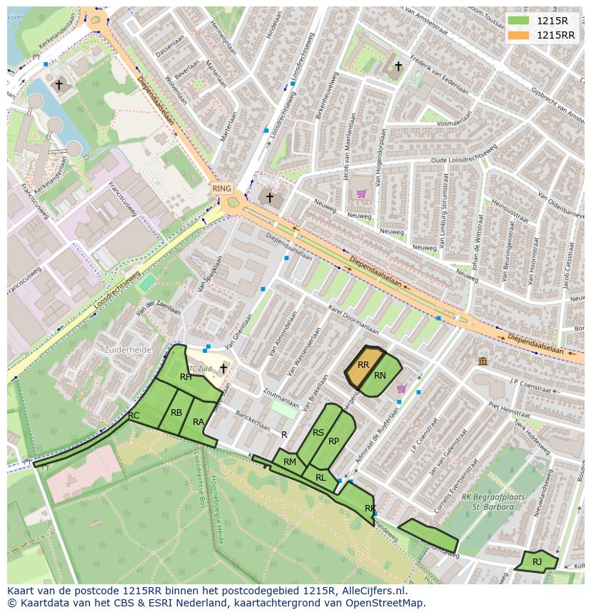 Afbeelding van het postcodegebied 1215 RR op de kaart.
