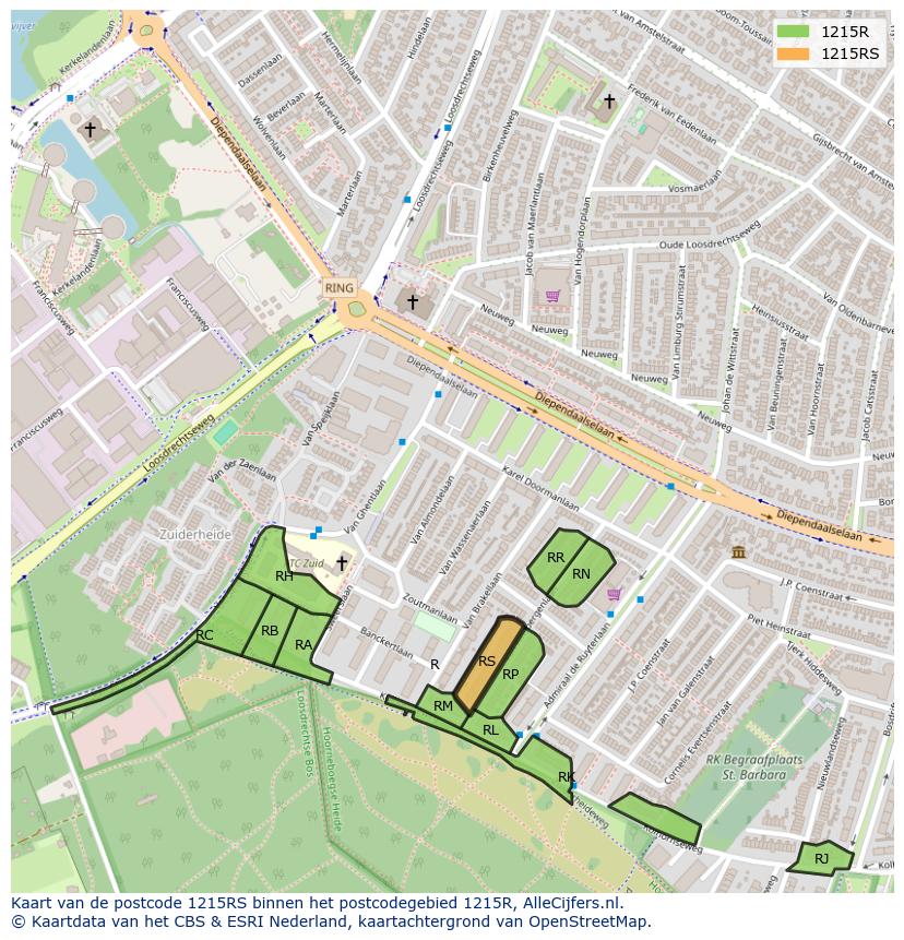 Afbeelding van het postcodegebied 1215 RS op de kaart.