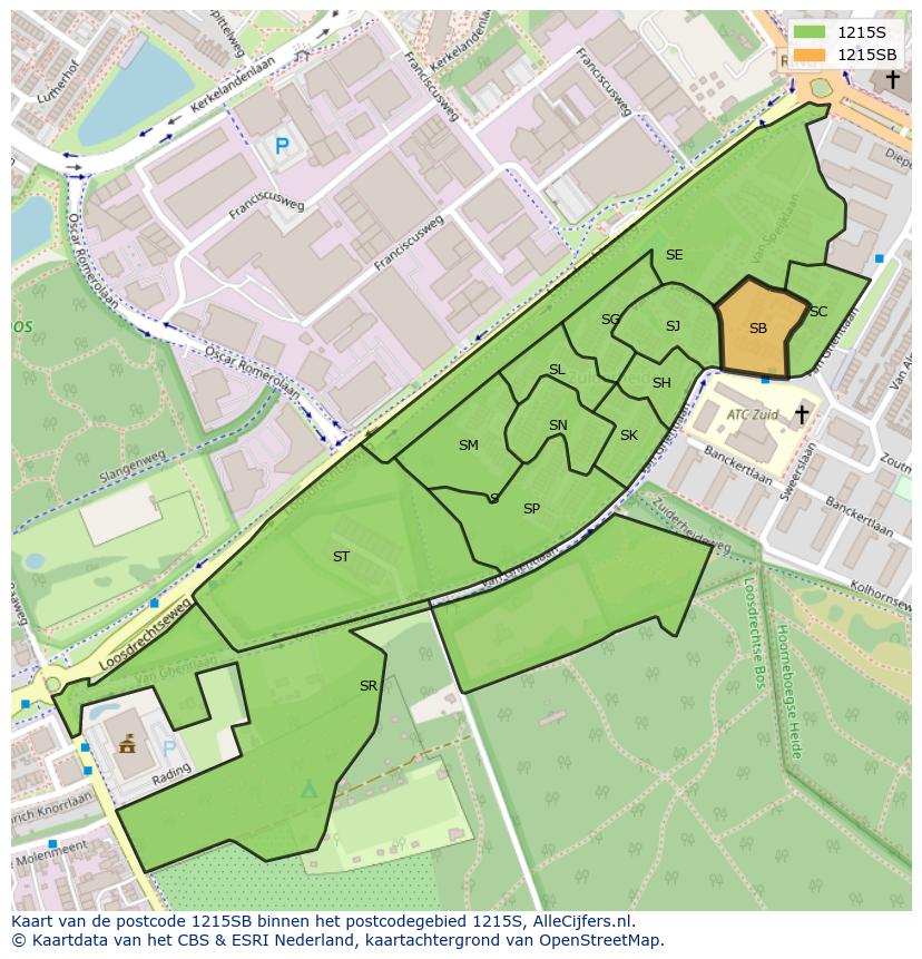 Afbeelding van het postcodegebied 1215 SB op de kaart.