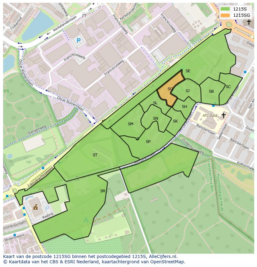 Afbeelding van het postcodegebied 1215 SG op de kaart.