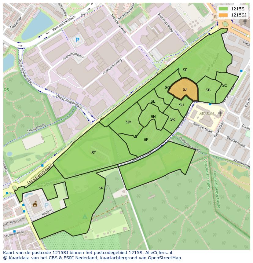Afbeelding van het postcodegebied 1215 SJ op de kaart.