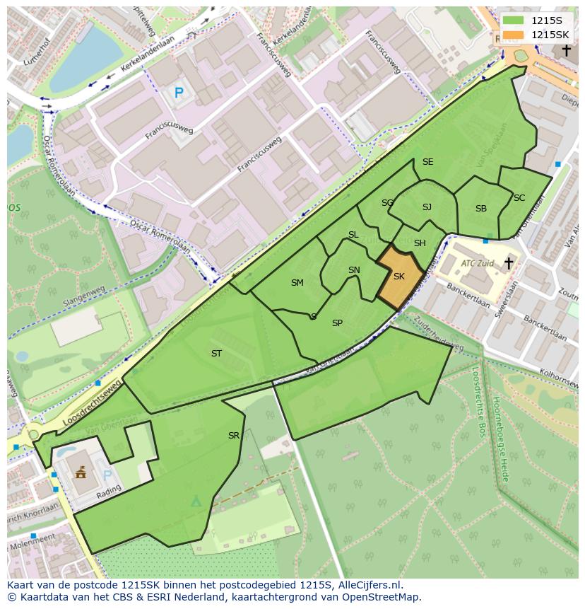 Afbeelding van het postcodegebied 1215 SK op de kaart.