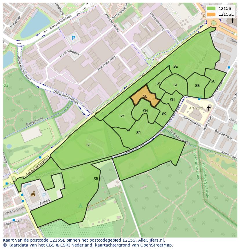Afbeelding van het postcodegebied 1215 SL op de kaart.
