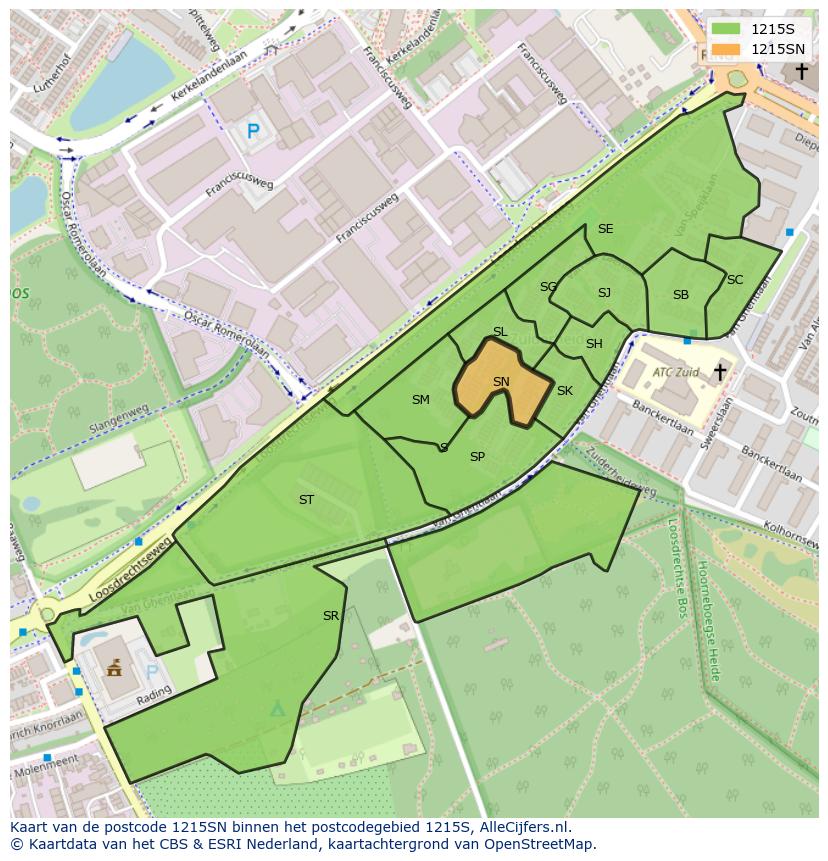Afbeelding van het postcodegebied 1215 SN op de kaart.