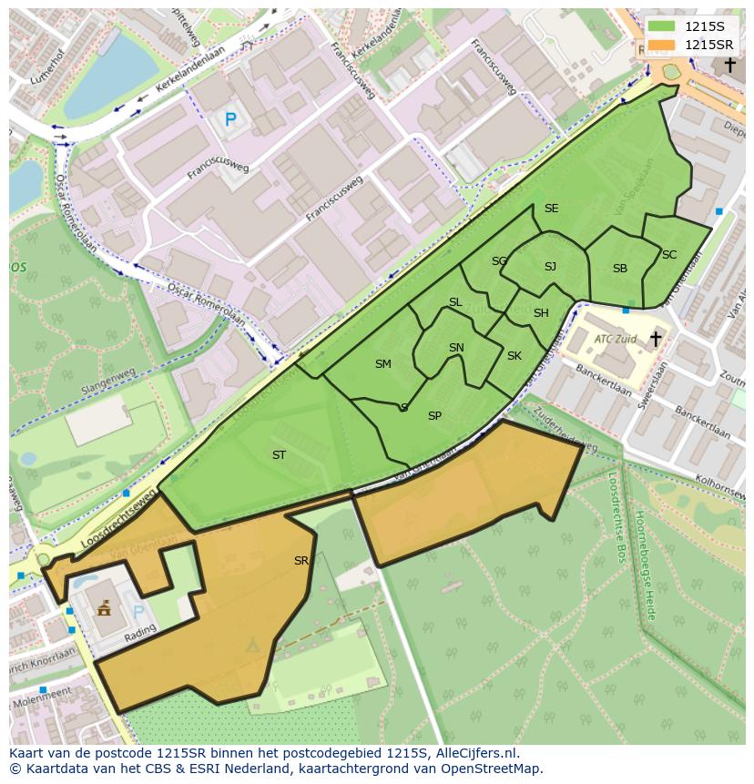 Afbeelding van het postcodegebied 1215 SR op de kaart.
