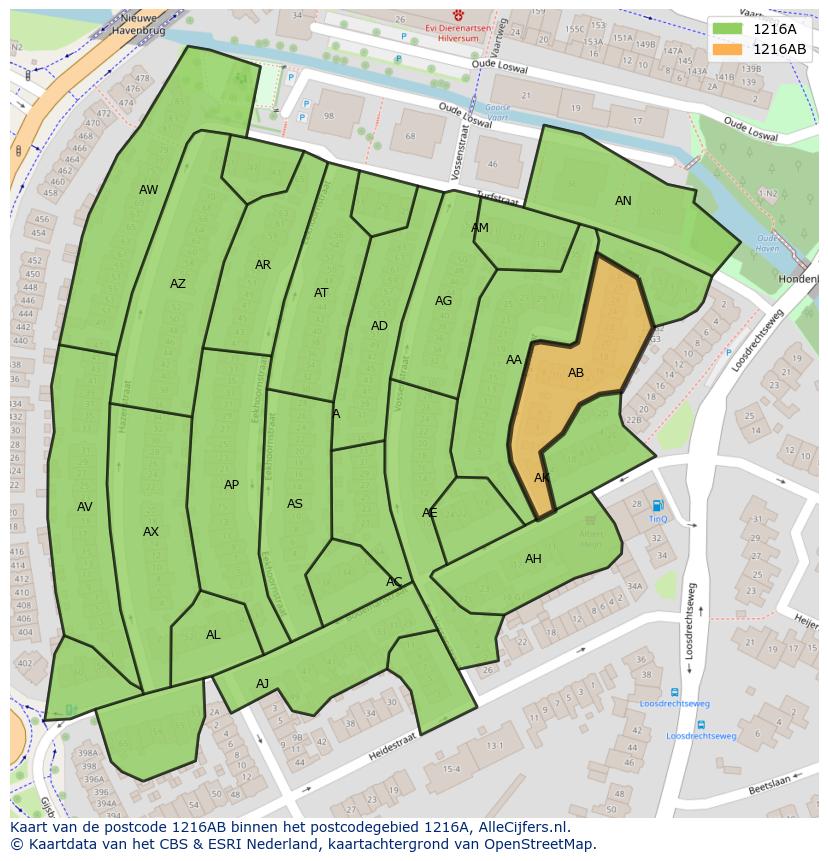 Afbeelding van het postcodegebied 1216 AB op de kaart.