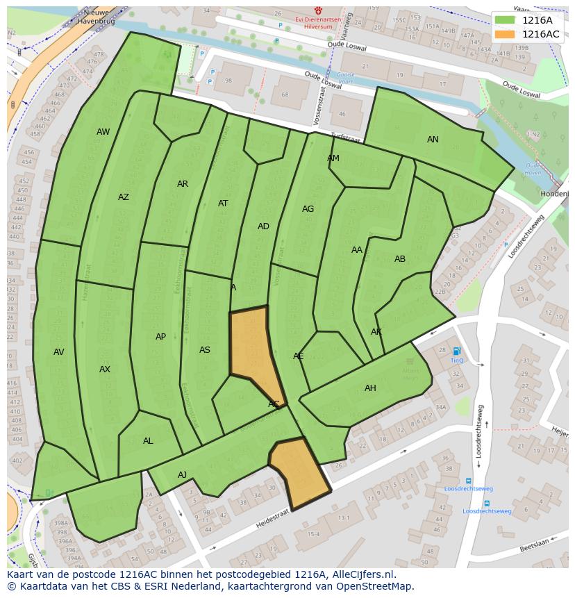 Afbeelding van het postcodegebied 1216 AC op de kaart.