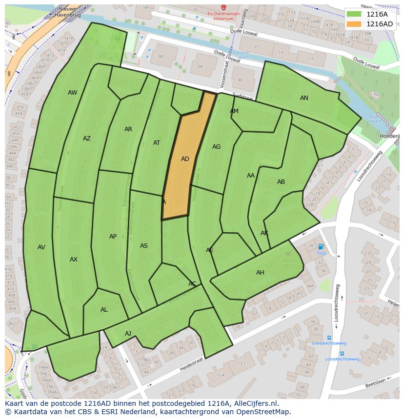 Afbeelding van het postcodegebied 1216 AD op de kaart.