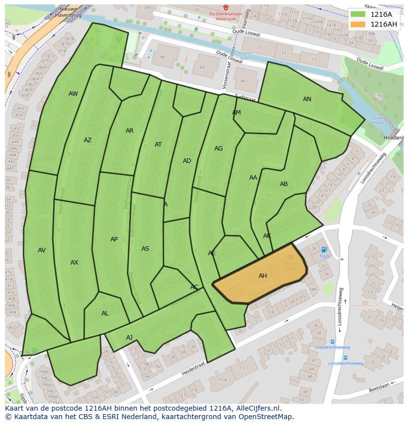 Afbeelding van het postcodegebied 1216 AH op de kaart.