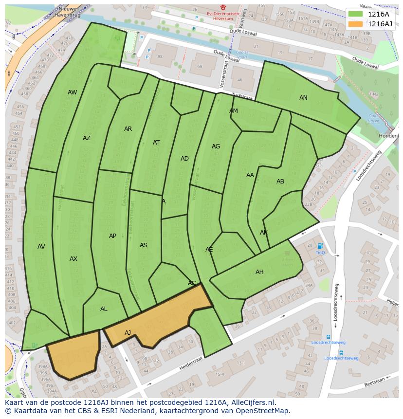 Afbeelding van het postcodegebied 1216 AJ op de kaart.