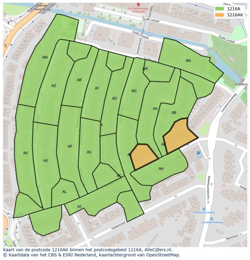 Afbeelding van het postcodegebied 1216 AK op de kaart.