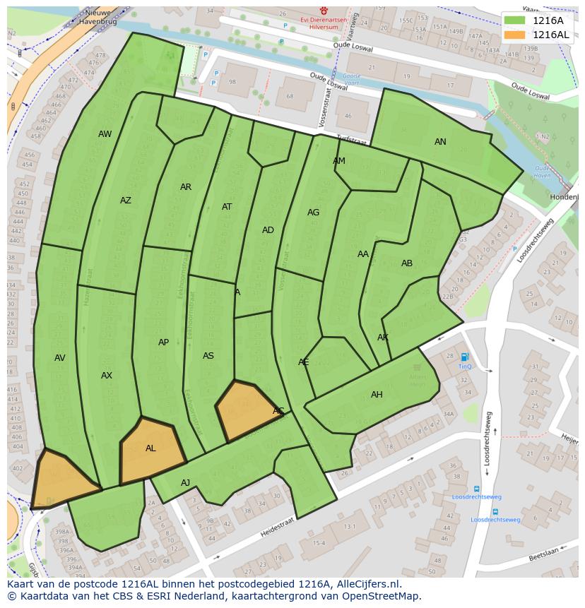 Afbeelding van het postcodegebied 1216 AL op de kaart.