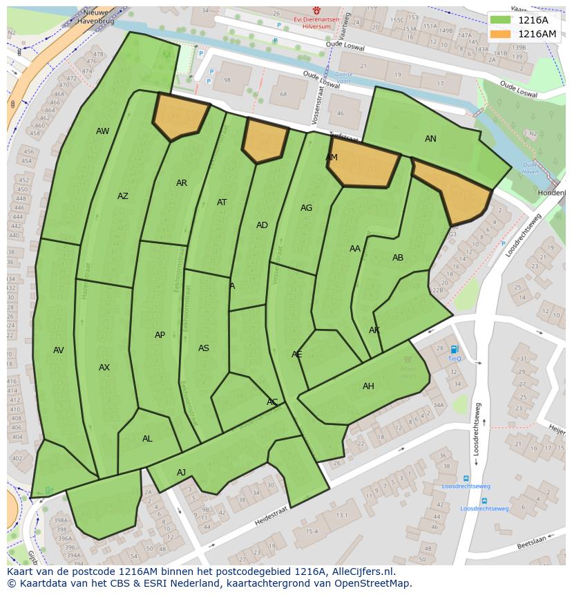 Afbeelding van het postcodegebied 1216 AM op de kaart.