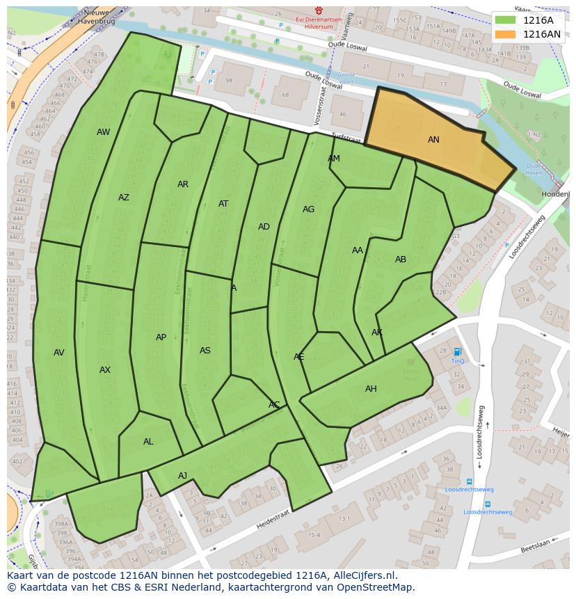 Afbeelding van het postcodegebied 1216 AN op de kaart.