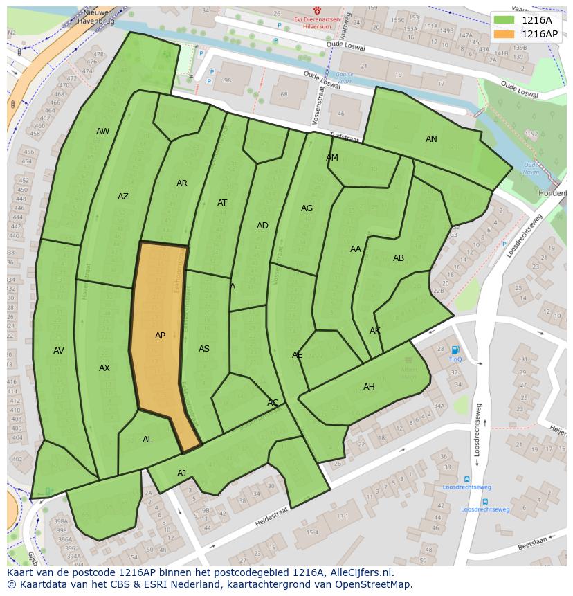 Afbeelding van het postcodegebied 1216 AP op de kaart.