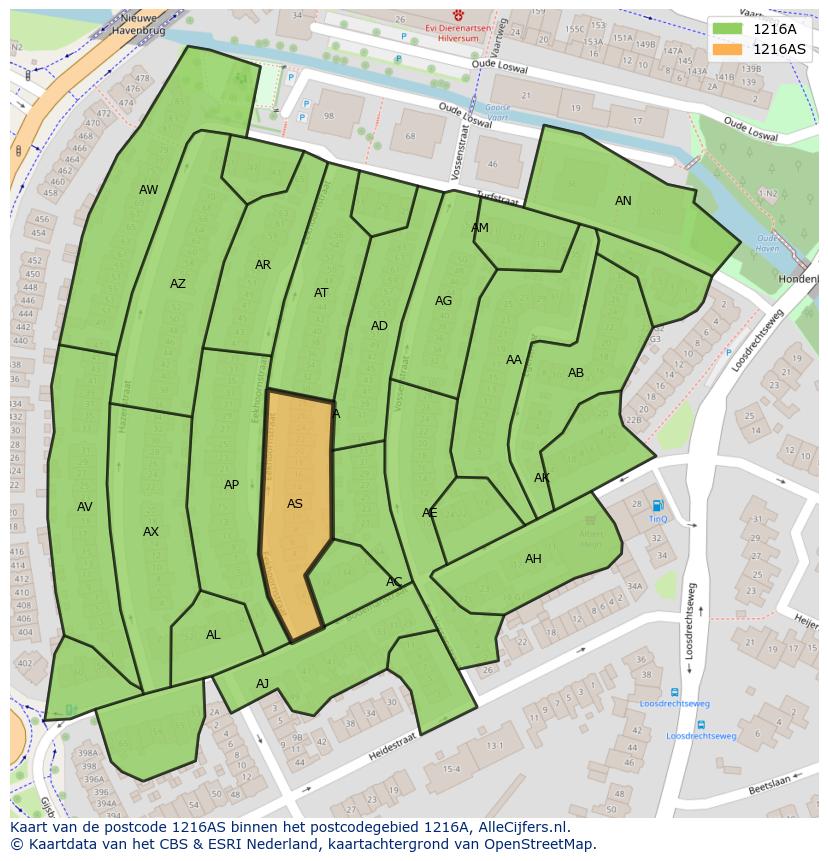 Afbeelding van het postcodegebied 1216 AS op de kaart.