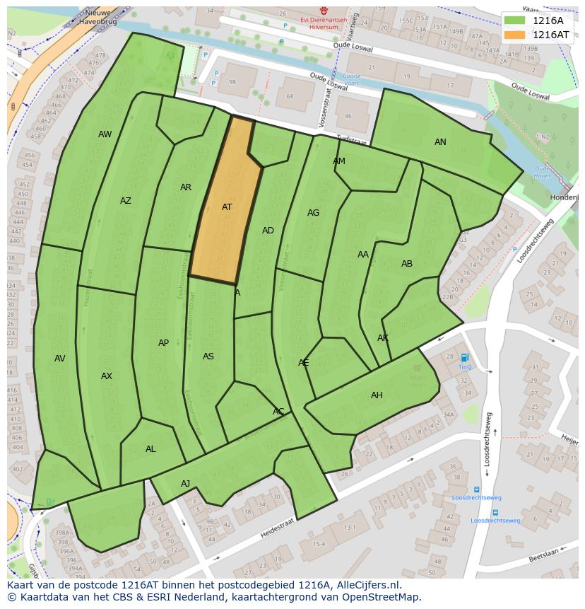 Afbeelding van het postcodegebied 1216 AT op de kaart.