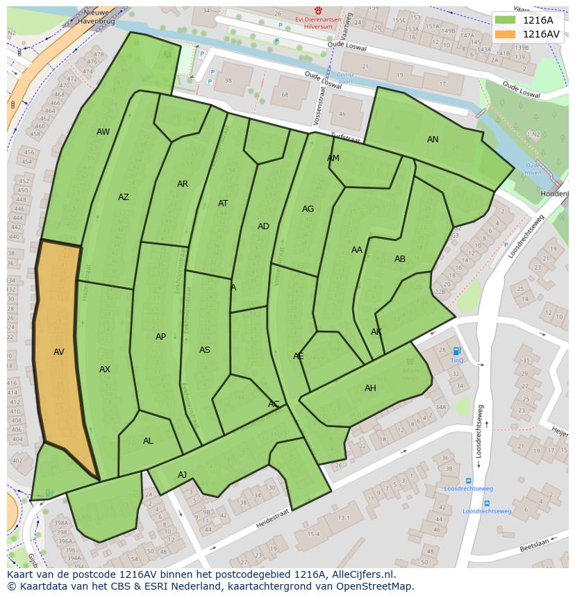 Afbeelding van het postcodegebied 1216 AV op de kaart.