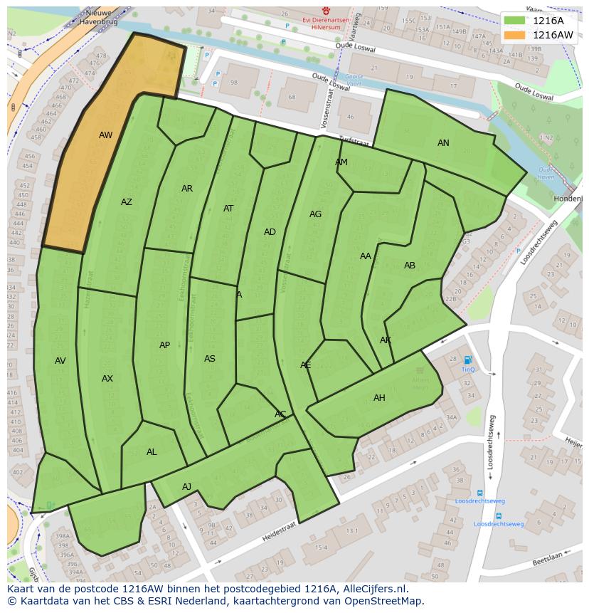 Afbeelding van het postcodegebied 1216 AW op de kaart.