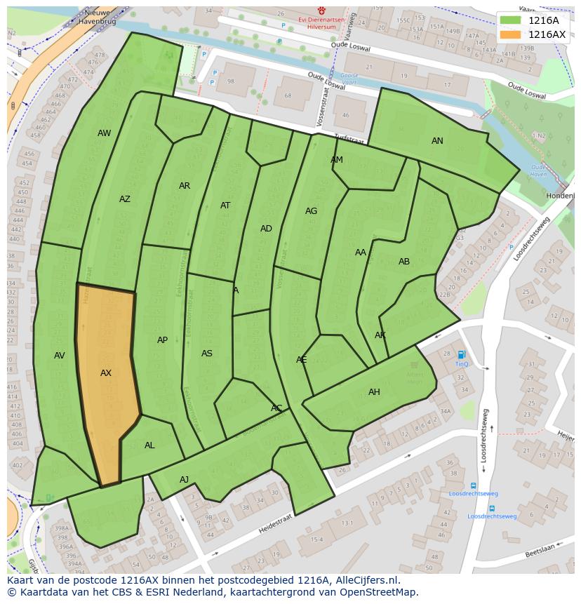 Afbeelding van het postcodegebied 1216 AX op de kaart.