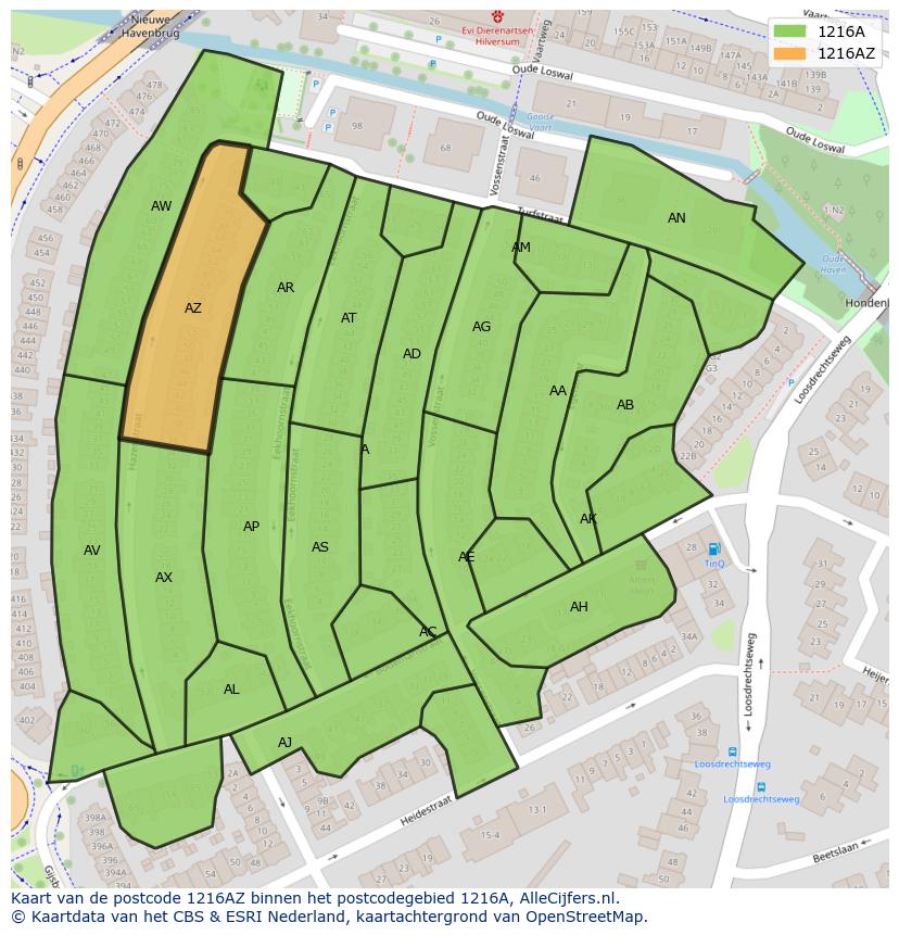 Afbeelding van het postcodegebied 1216 AZ op de kaart.