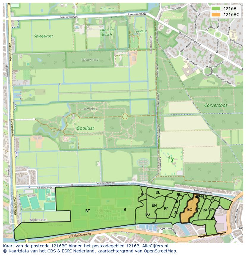 Afbeelding van het postcodegebied 1216 BC op de kaart.