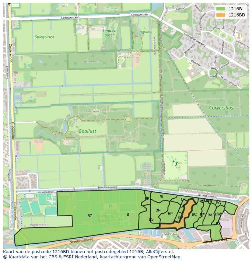 Afbeelding van het postcodegebied 1216 BD op de kaart.