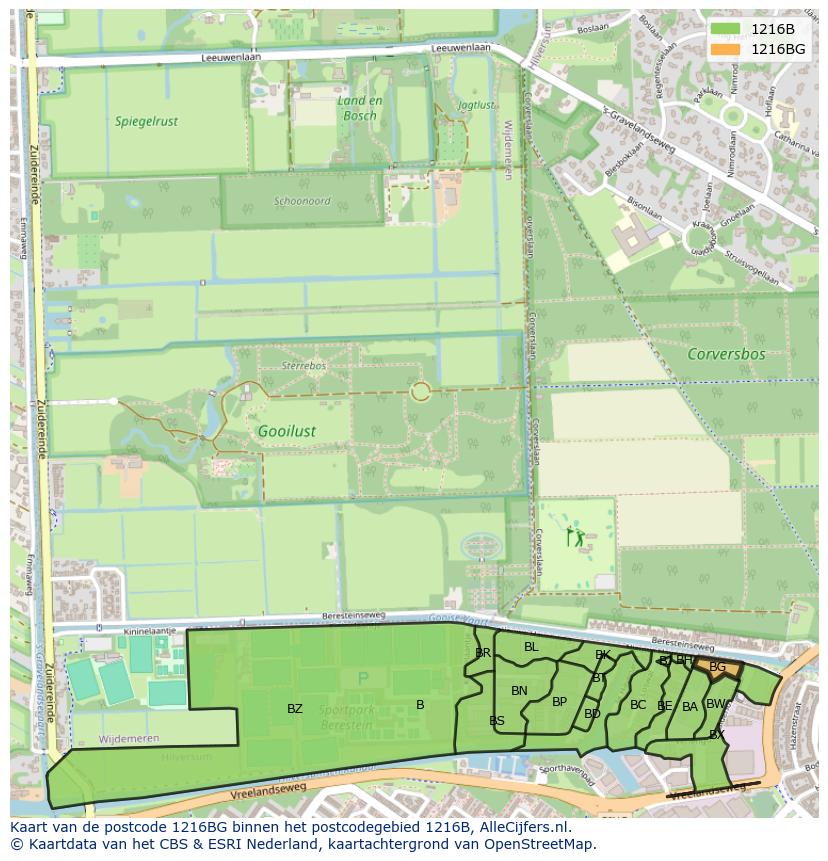 Afbeelding van het postcodegebied 1216 BG op de kaart.