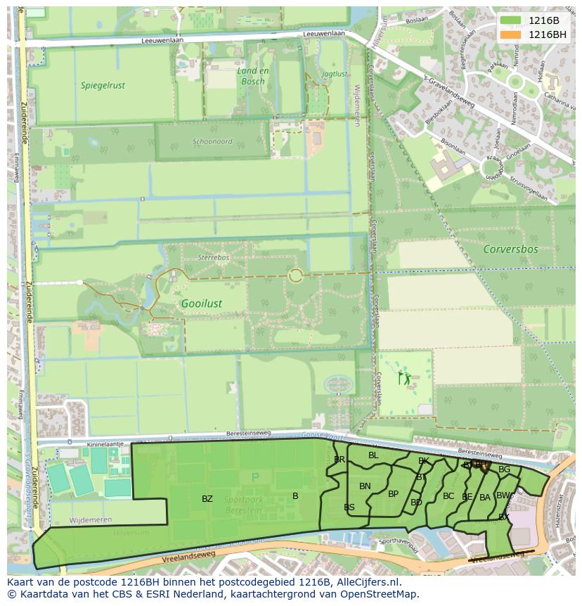 Afbeelding van het postcodegebied 1216 BH op de kaart.