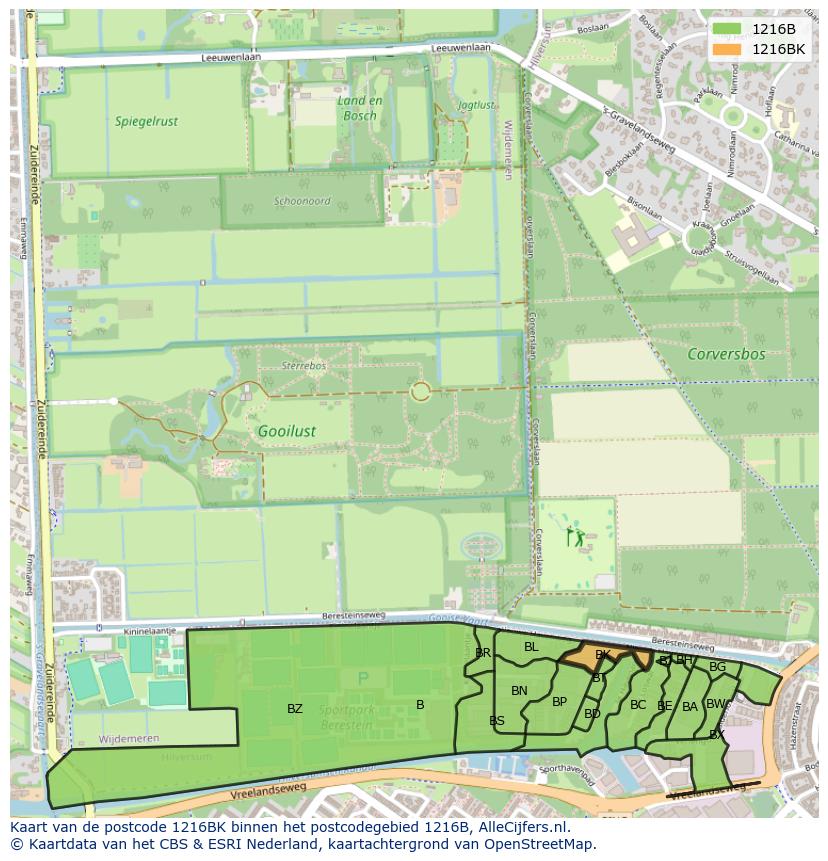 Afbeelding van het postcodegebied 1216 BK op de kaart.