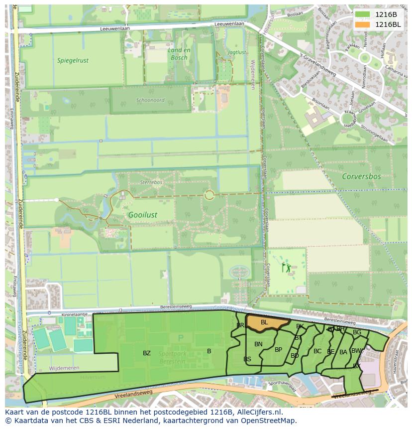 Afbeelding van het postcodegebied 1216 BL op de kaart.
