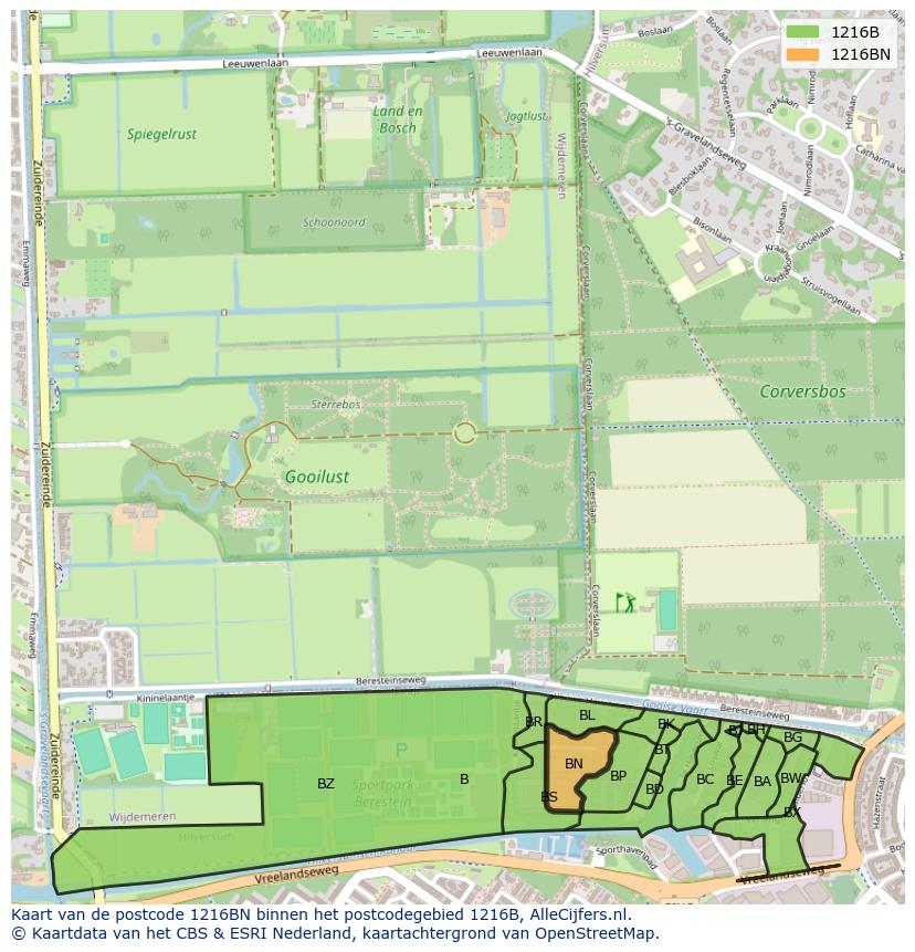 Afbeelding van het postcodegebied 1216 BN op de kaart.