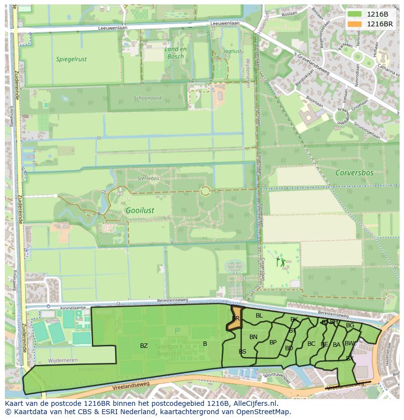 Afbeelding van het postcodegebied 1216 BR op de kaart.