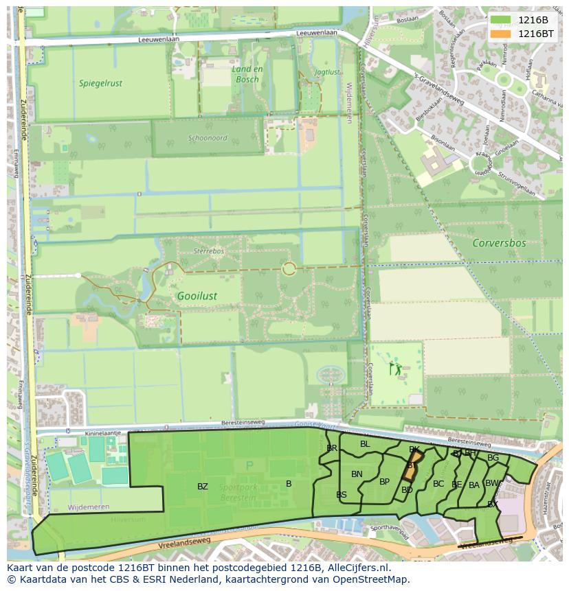 Afbeelding van het postcodegebied 1216 BT op de kaart.