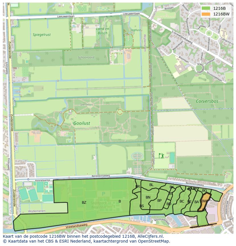 Afbeelding van het postcodegebied 1216 BW op de kaart.