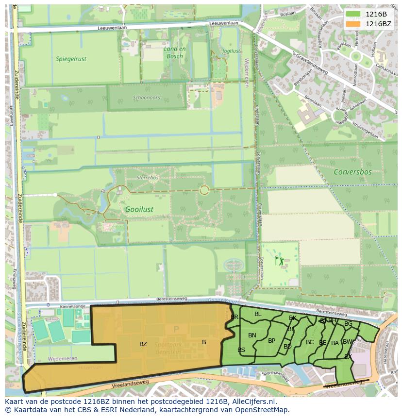 Afbeelding van het postcodegebied 1216 BZ op de kaart.