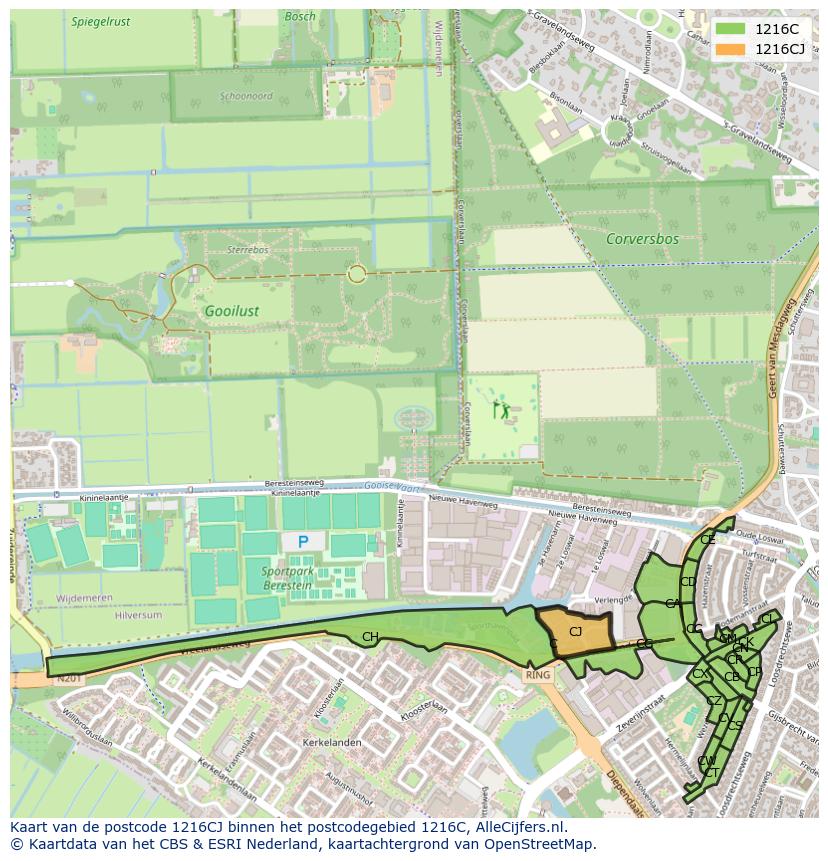 Afbeelding van het postcodegebied 1216 CJ op de kaart.