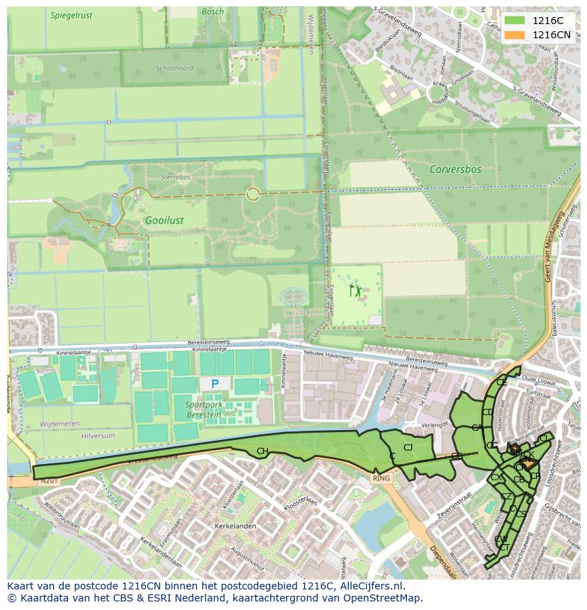 Afbeelding van het postcodegebied 1216 CN op de kaart.