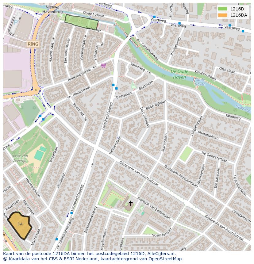 Afbeelding van het postcodegebied 1216 DA op de kaart.