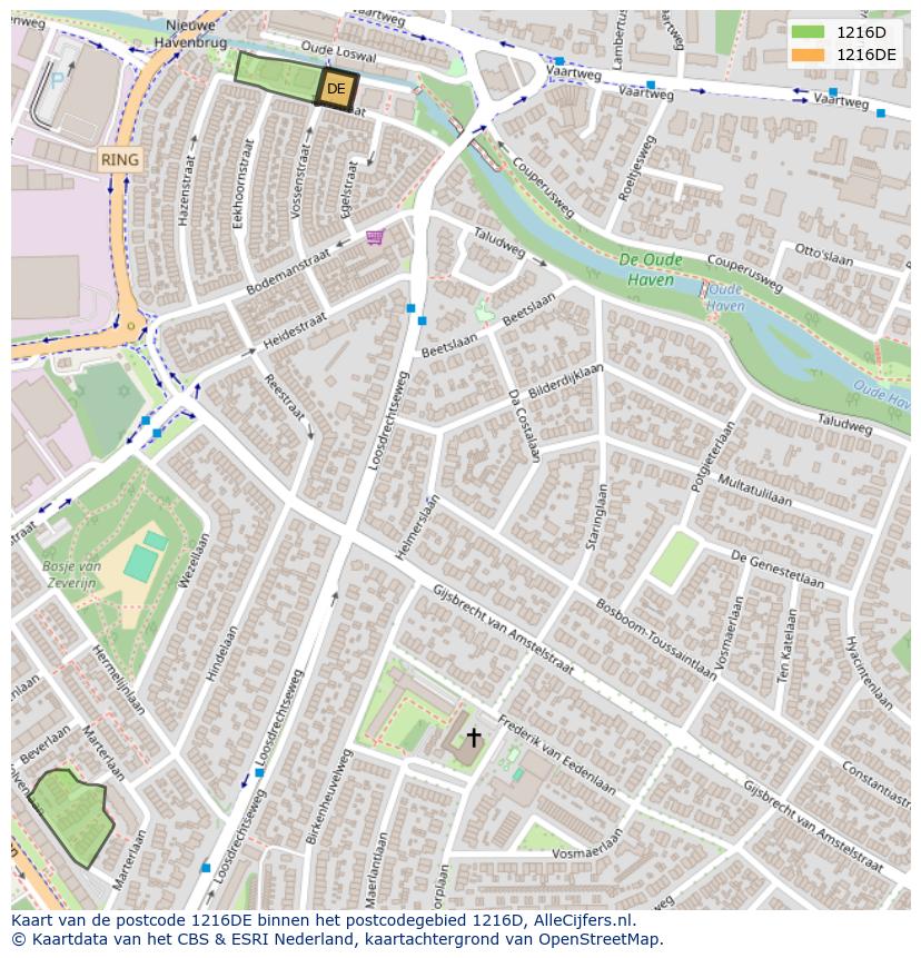 Afbeelding van het postcodegebied 1216 DE op de kaart.