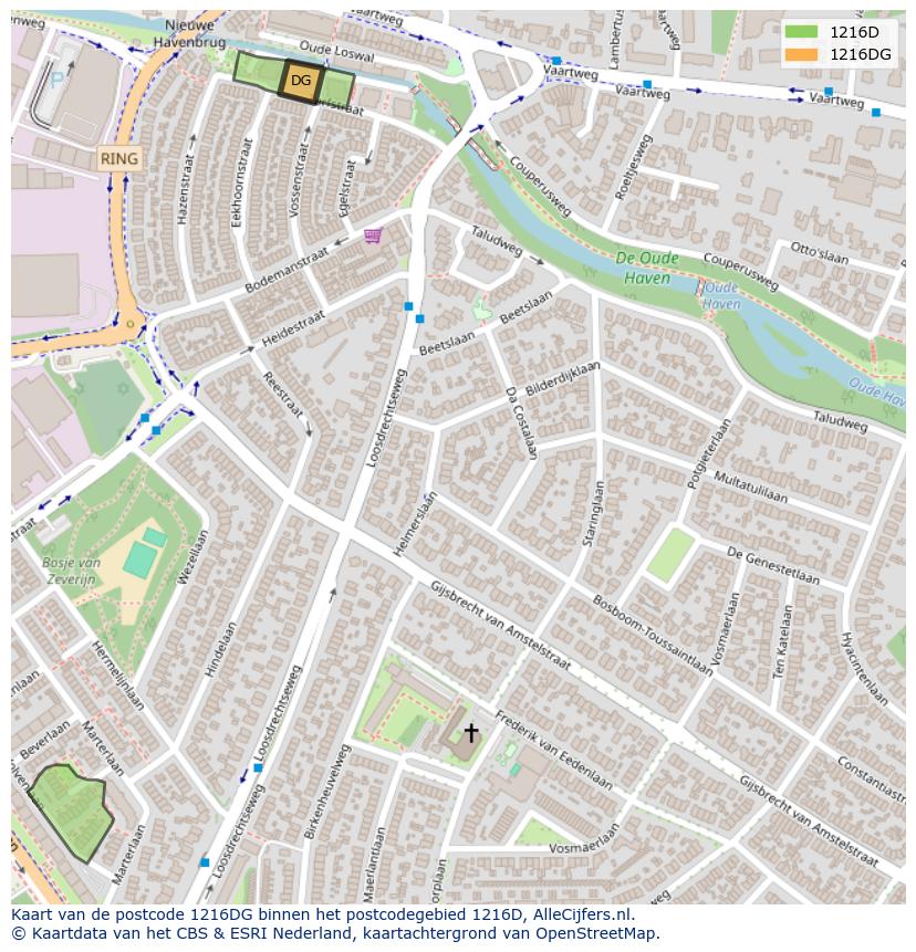 Afbeelding van het postcodegebied 1216 DG op de kaart.