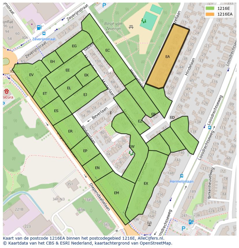Afbeelding van het postcodegebied 1216 EA op de kaart.
