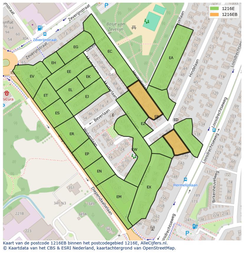 Afbeelding van het postcodegebied 1216 EB op de kaart.
