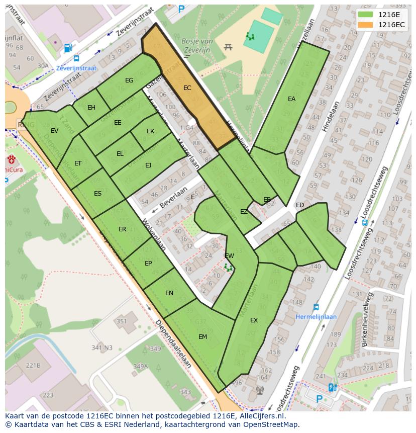 Afbeelding van het postcodegebied 1216 EC op de kaart.