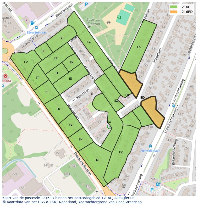 Afbeelding van het postcodegebied 1216 ED op de kaart.