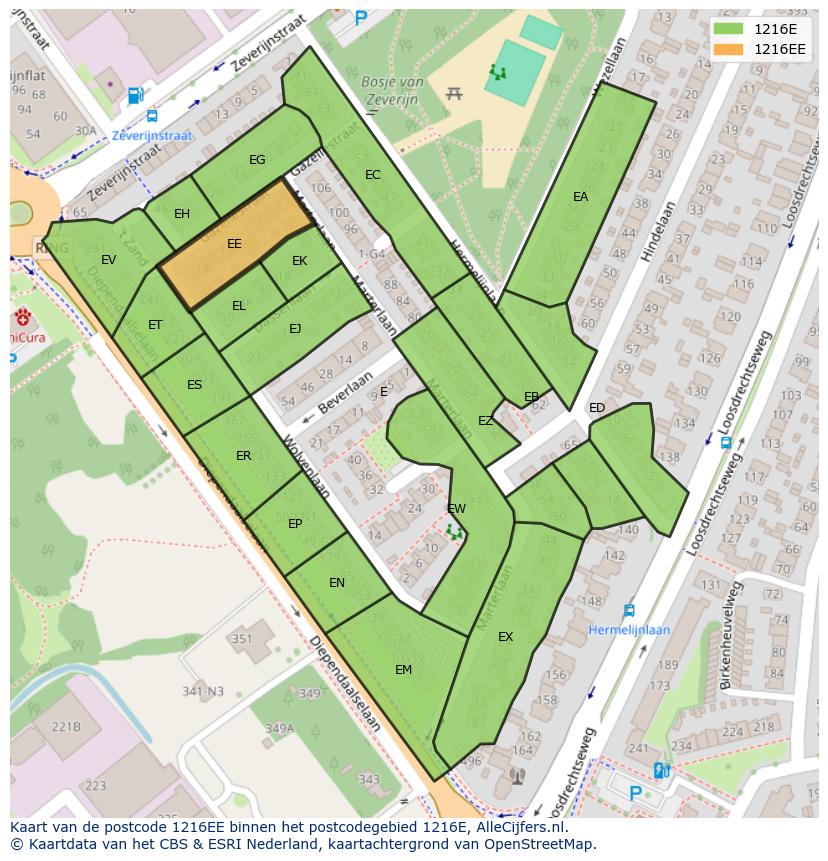 Afbeelding van het postcodegebied 1216 EE op de kaart.