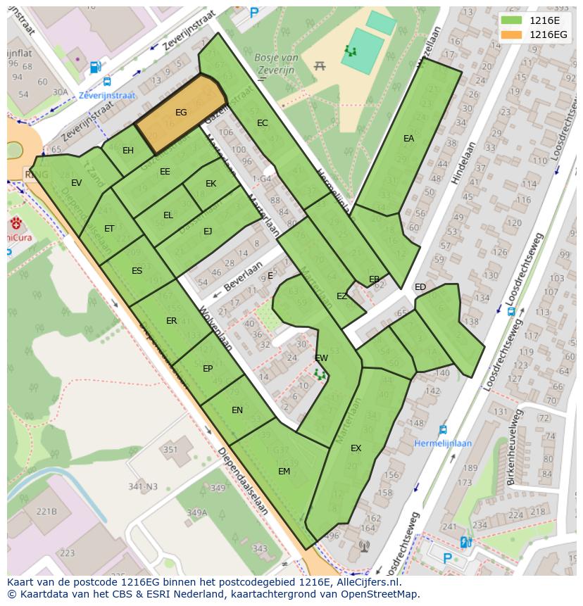 Afbeelding van het postcodegebied 1216 EG op de kaart.