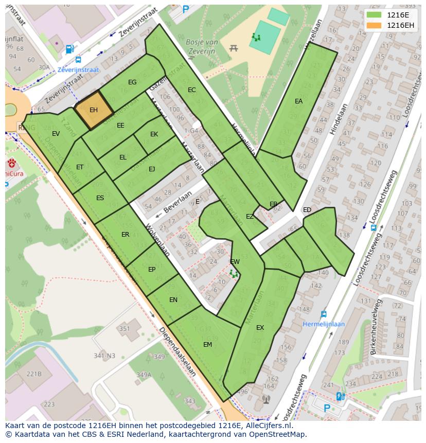 Afbeelding van het postcodegebied 1216 EH op de kaart.